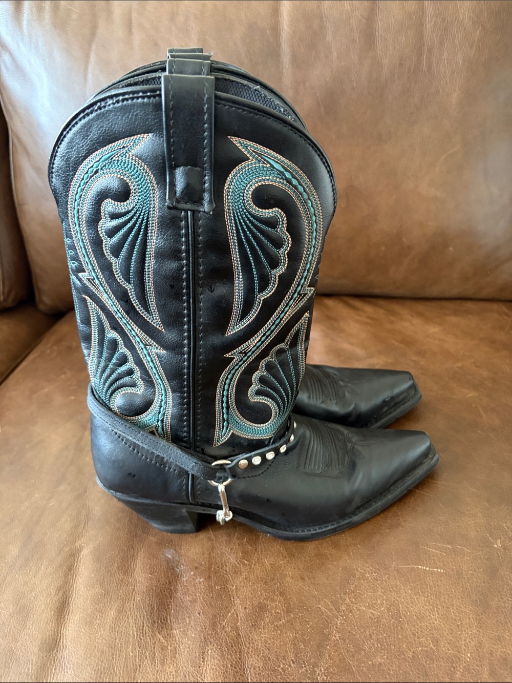 Laredo Women's Black Western Cowboy Boots with Teal Stitching - Picture 5 of 5